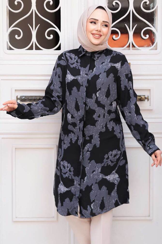 Desenli Siyah Tesettür Viskon Tunik 11738S - NEVA STYLE
