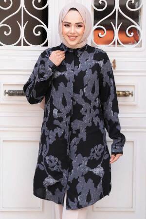 Desenli Siyah Tesettür Viskon Tunik 11738S - 3