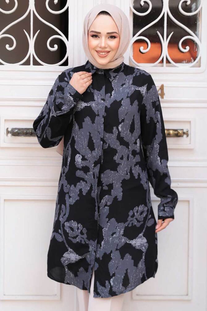 Desenli Siyah Tesettür Viskon Tunik 11738S - 3