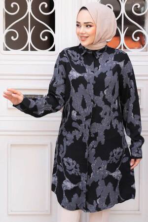 Desenli Siyah Tesettür Viskon Tunik 11738S - 2