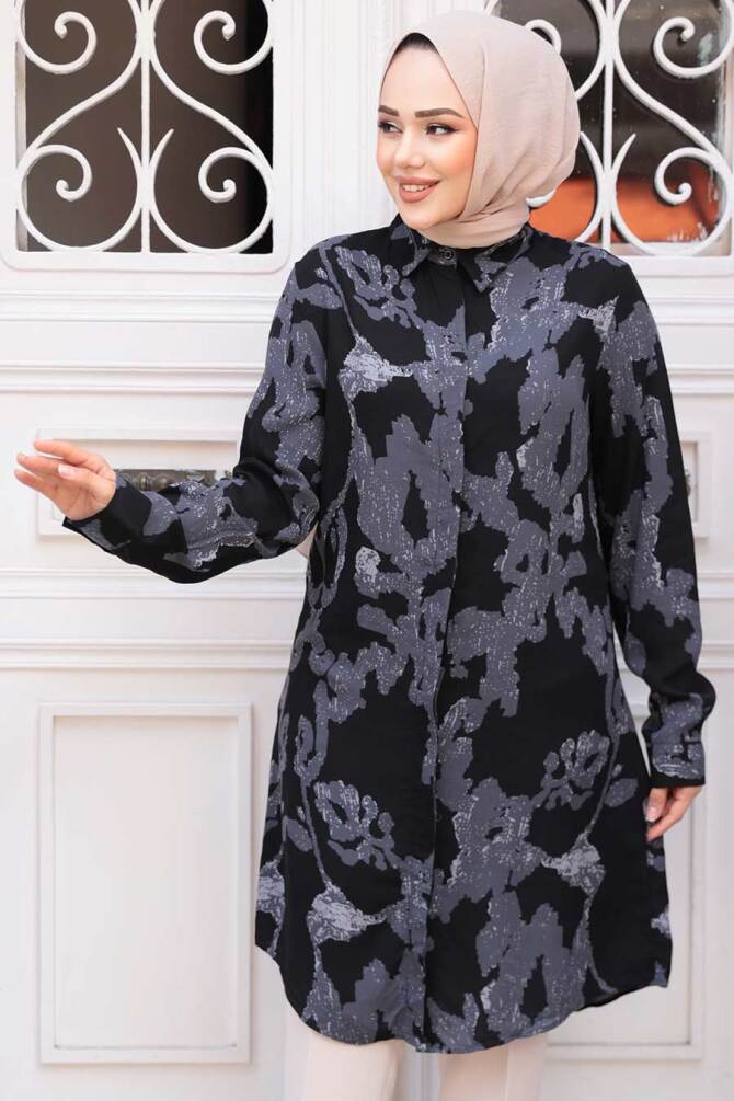 Desenli Siyah Tesettür Viskon Tunik 11738S - 2