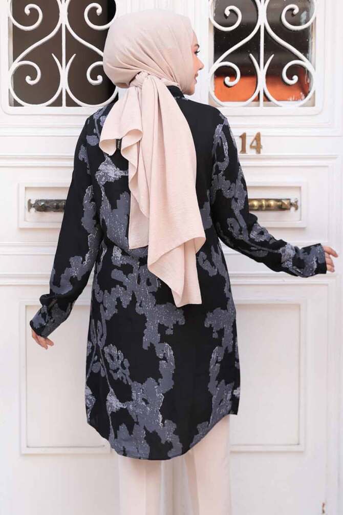 Desenli Siyah Tesettür Viskon Tunik 11738S - 4