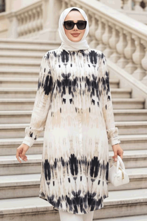 Desenli Siyah Tesettür Viskon Tunik 11744S 