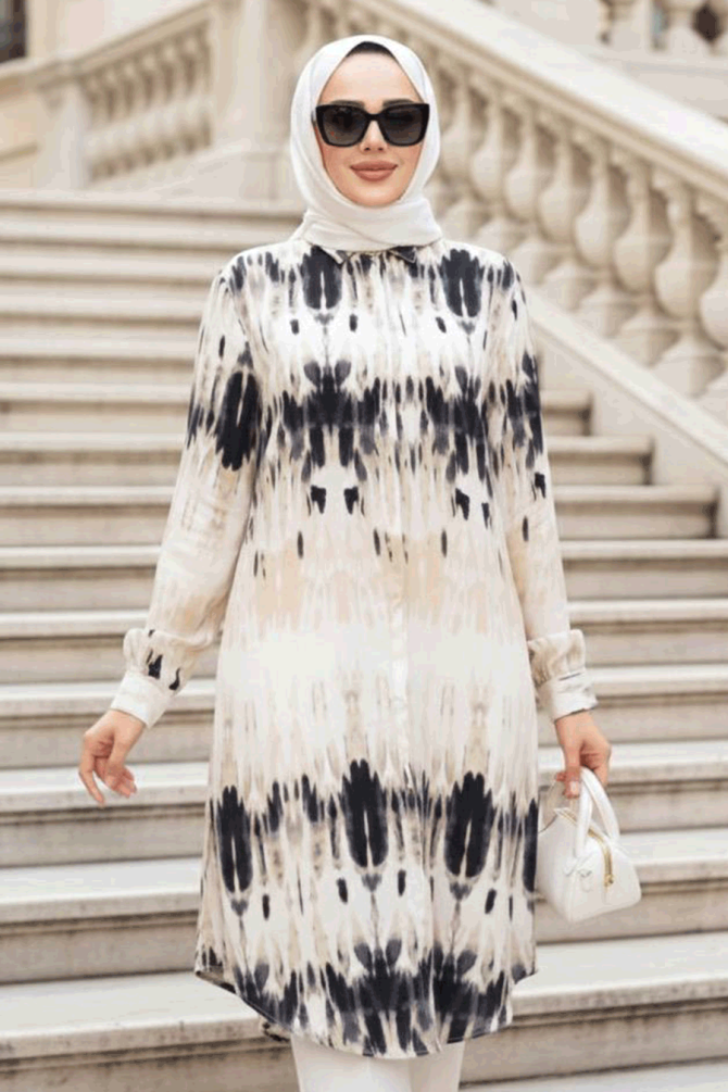 Desenli Siyah Tesettür Viskon Tunik 11744S - 1