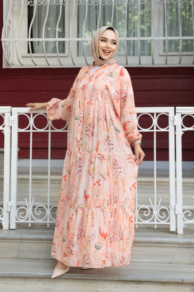 Desenli Somon Tesettür Elbise 710504SMN - 2