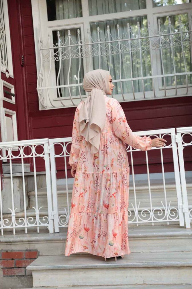 Desenli Somon Tesettür Elbise 710504SMN - 3