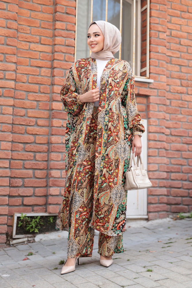 Desenli Taba Tesettür İkili Kimono Takım 12885TB - 2