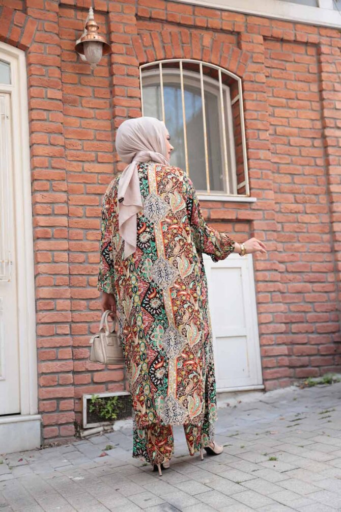 Desenli Taba Tesettür İkili Kimono Takım 12885TB - 4