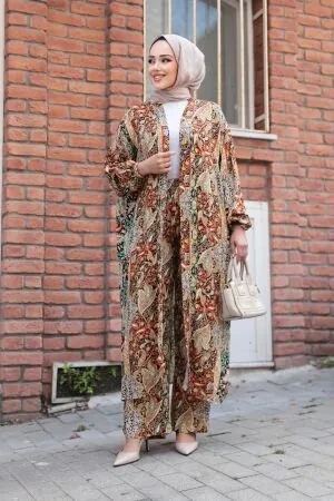 Desenli Taba Tesettür İkili Kimono Takım 12885TB 