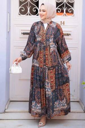 Desenli Turuncu Tesettür Elbise 52943T 