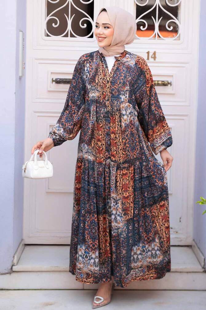 Desenli Turuncu Tesettür Elbise 52943T - 1