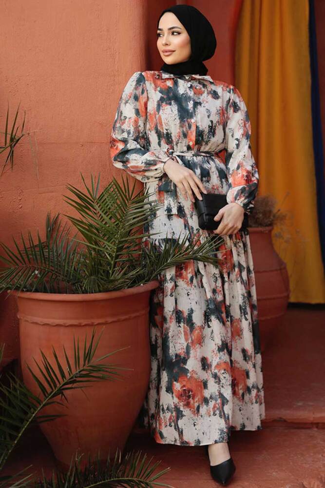 Desenli Turuncu Tesettür Elbise 60892T - 4