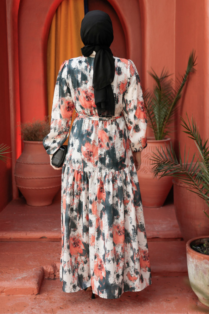 Desenli Turuncu Tesettür Elbise 60892T - 6