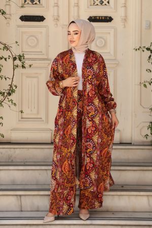 Desenli Turuncu Tesettür İkili Kimono Takım 12885T - 2