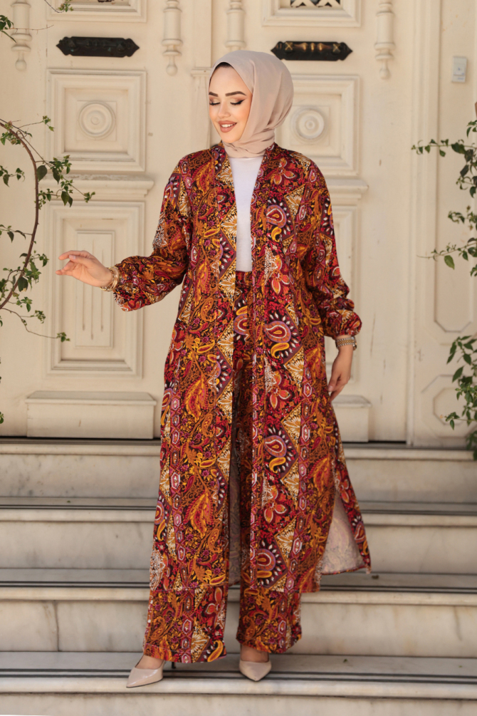Desenli Turuncu Tesettür İkili Kimono Takım 12885T - 1
