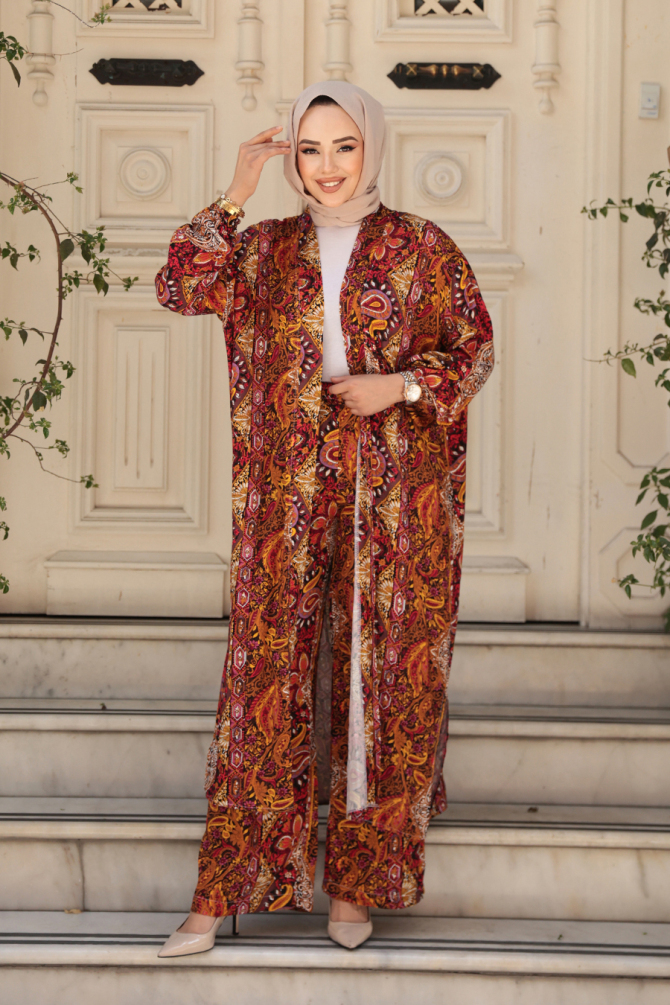 Desenli Turuncu Tesettür İkili Kimono Takım 12885T - 3