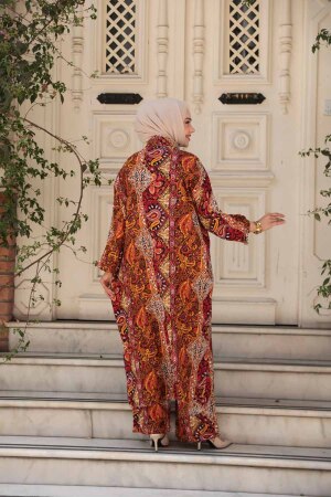 Desenli Turuncu Tesettür İkili Kimono Takım 12885T - 4