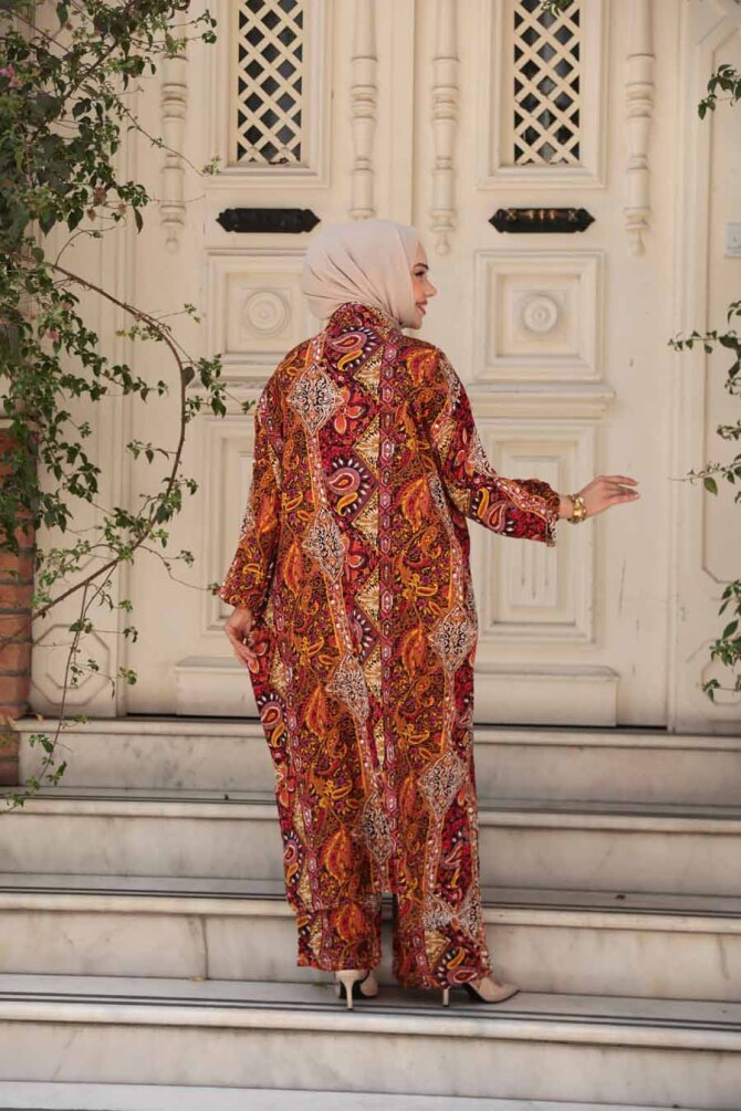 Desenli Turuncu Tesettür İkili Kimono Takım 12885T - 4