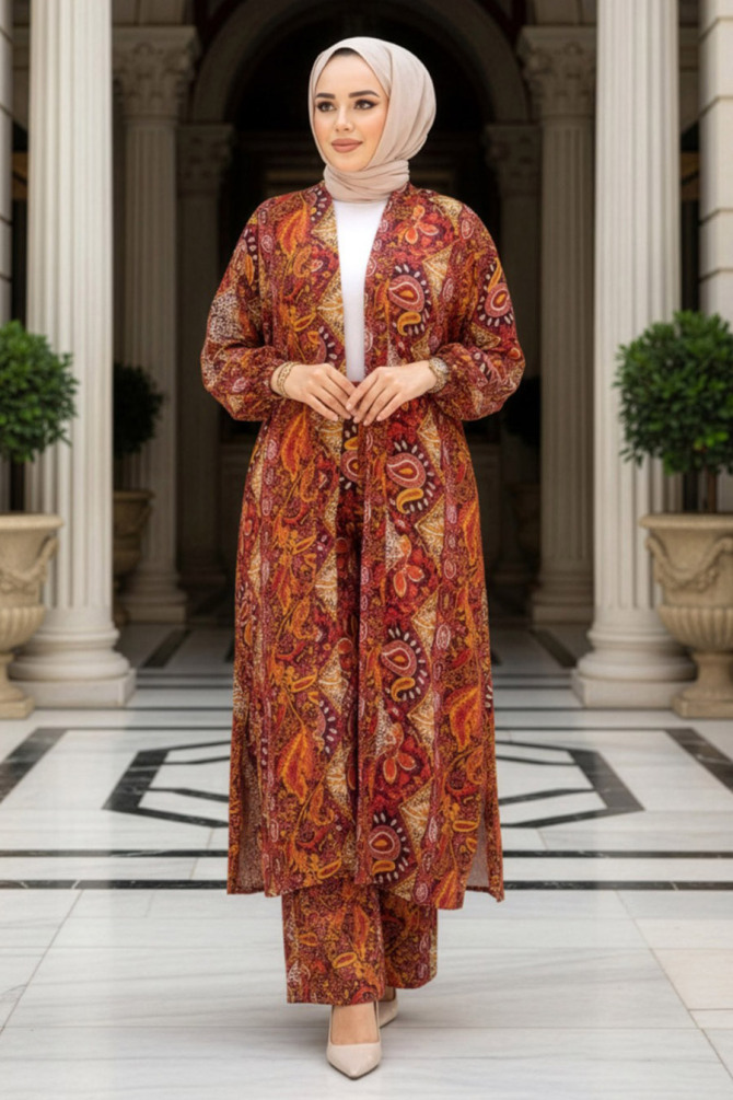 Desenli Turuncu Tesettür İkili Kimono Takım 12885T - 1