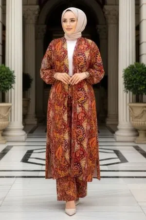 Desenli Turuncu Tesettür İkili Kimono Takım 12885T 