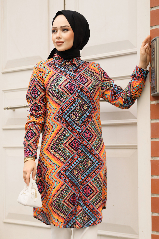 Desenli Turuncu Tesettür Viskon Tunik 11731T - NEVA STYLE