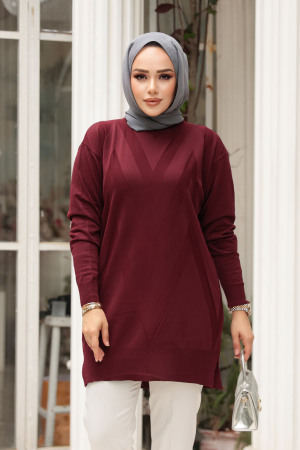 Desenli Vişne Tesettür Triko Kazak Tunik 17211VSN 