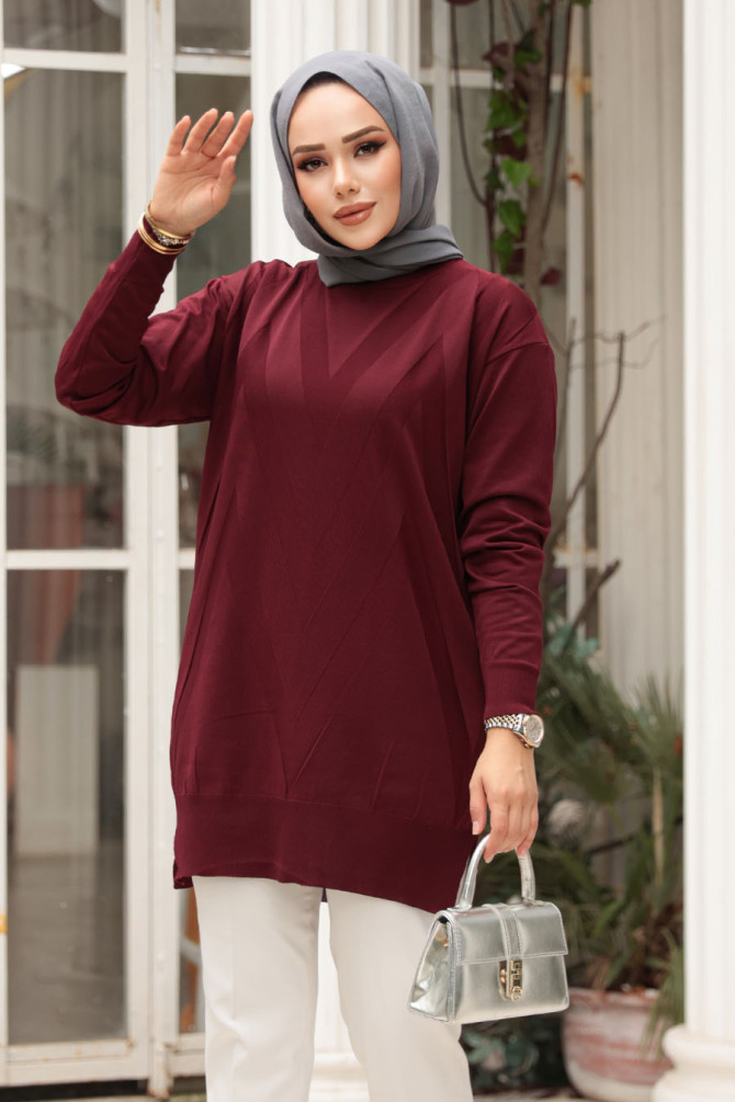 Desenli Vişne Tesettür Triko Kazak Tunik 17211VSN - 2