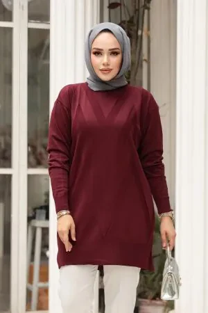 Desenli Vişne Tesettür Triko Kazak Tunik 17211VSN 