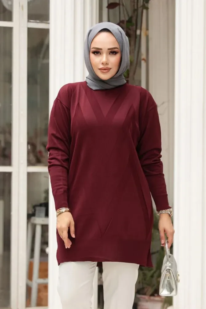 Desenli Vişne Tesettür Triko Kazak Tunik 17211VSN - 1