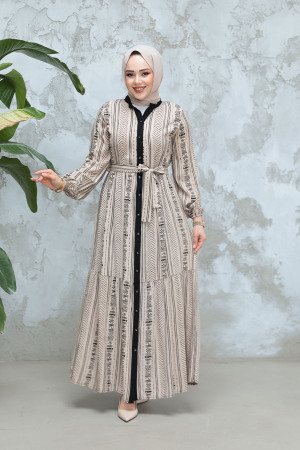 Desenli Vizon Tesettür Elbise 23921V 