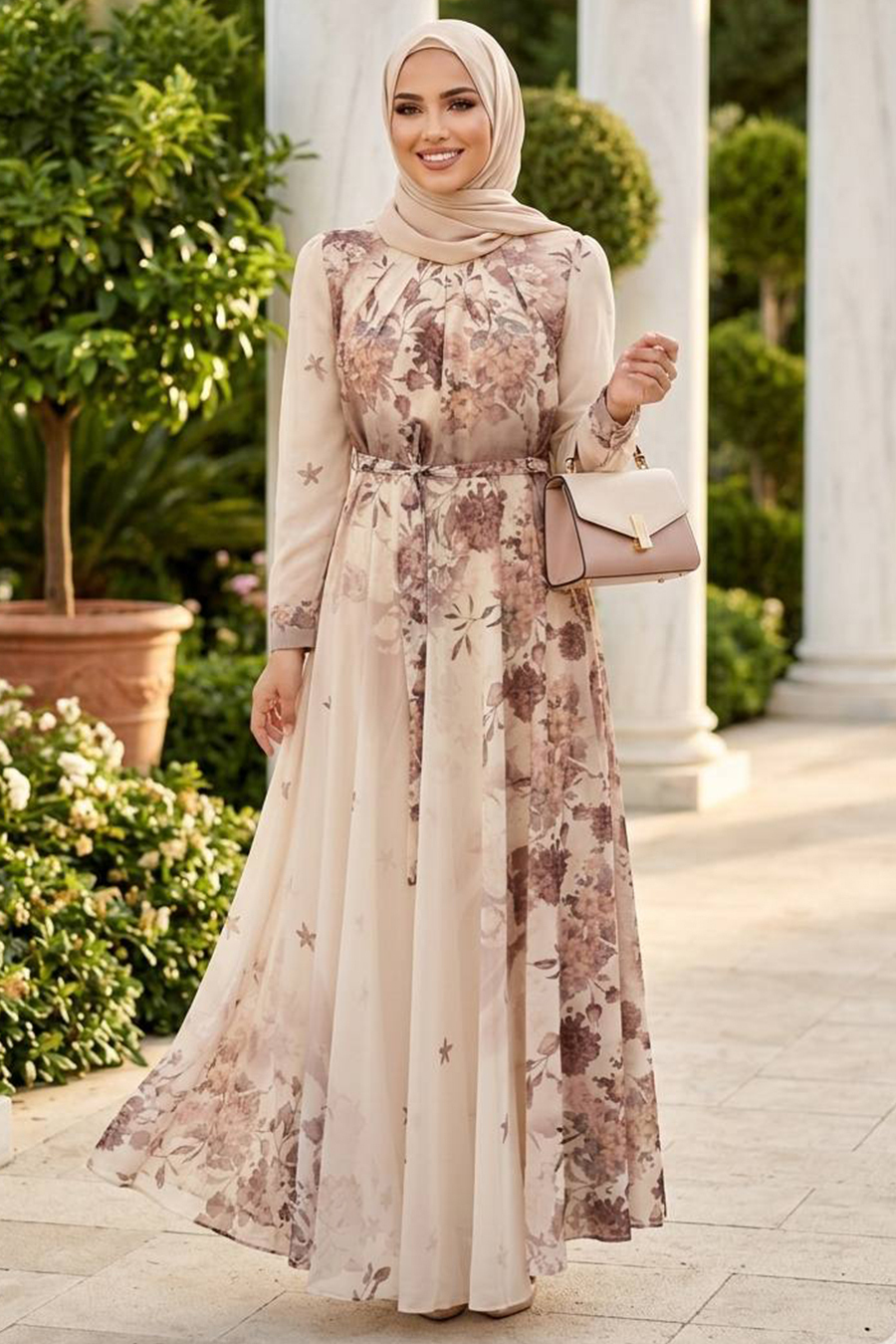 Desenli Vizon Tesettür Elbise 25421V