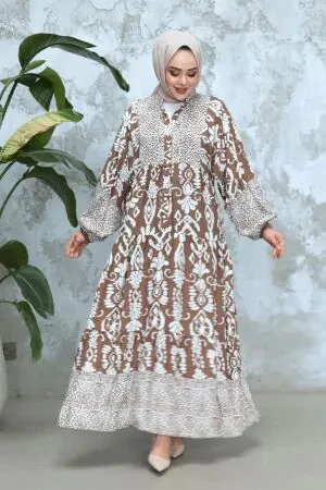 Desenli Vizon Tesettür Elbise 30015V - 1