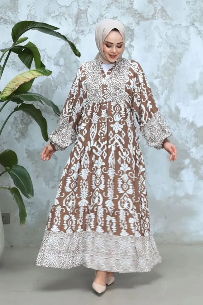 Desenli Vizon Tesettür Elbise 30015V - 1