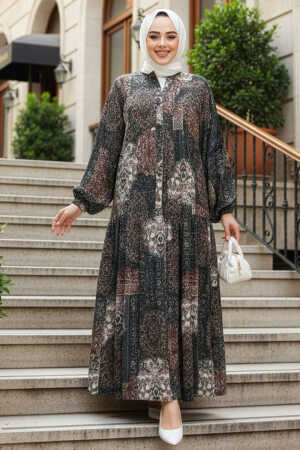 Desenli Vizon Tesettür Elbise 52943V - 1