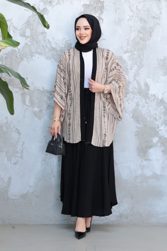Desenli Vizon Tesettür İkili Etekli Kimono Takım 12891V - 1
