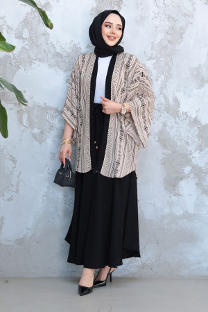 Desenli Vizon Tesettür İkili Etekli Kimono Takım 12891V - 2