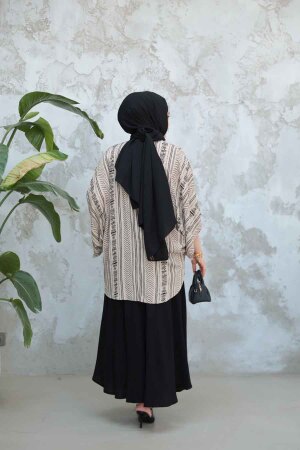 Desenli Vizon Tesettür İkili Etekli Kimono Takım 12891V - 3