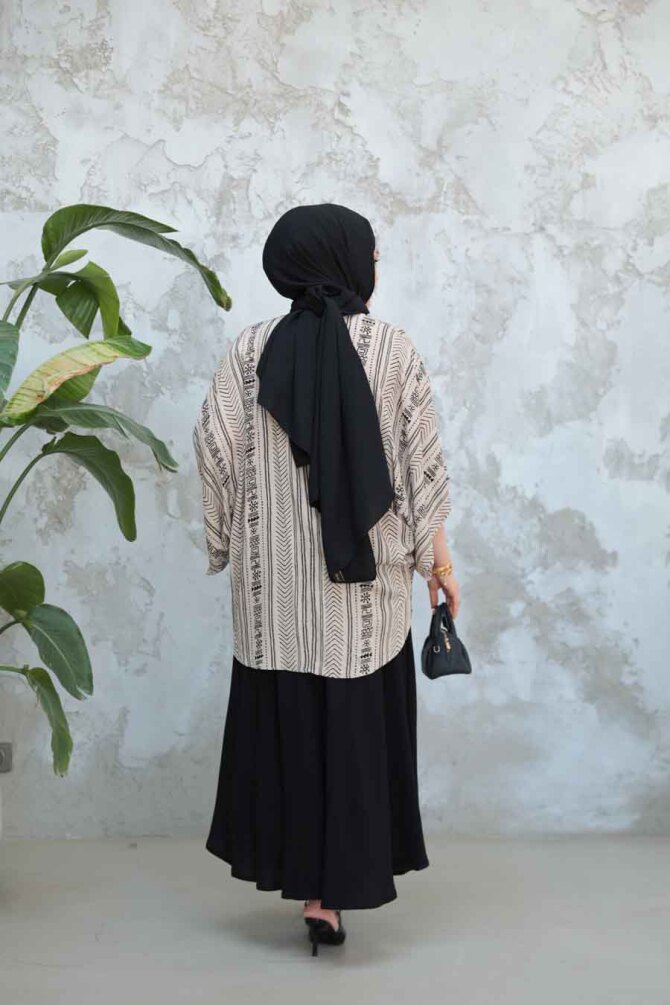 Desenli Vizon Tesettür İkili Etekli Kimono Takım 12891V - 3