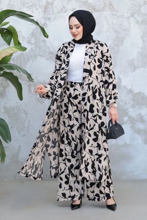 Desenli Vizon Tesettür İkili Kimono Takım 12883V 
