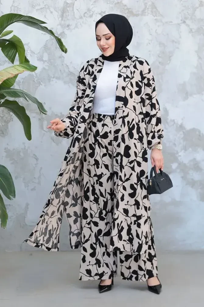 Desenli Vizon Tesettür İkili Kimono Takım 12883V - 1