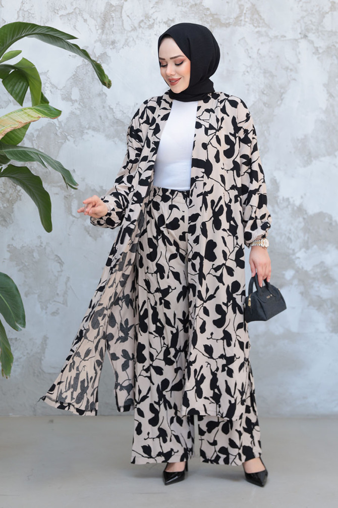 Desenli Vizon Tesettür İkili Kimono Takım 12883V - NEVA STYLE