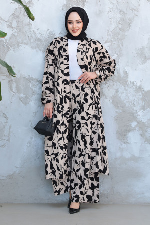 Desenli Vizon Tesettür İkili Kimono Takım 12883V - 3