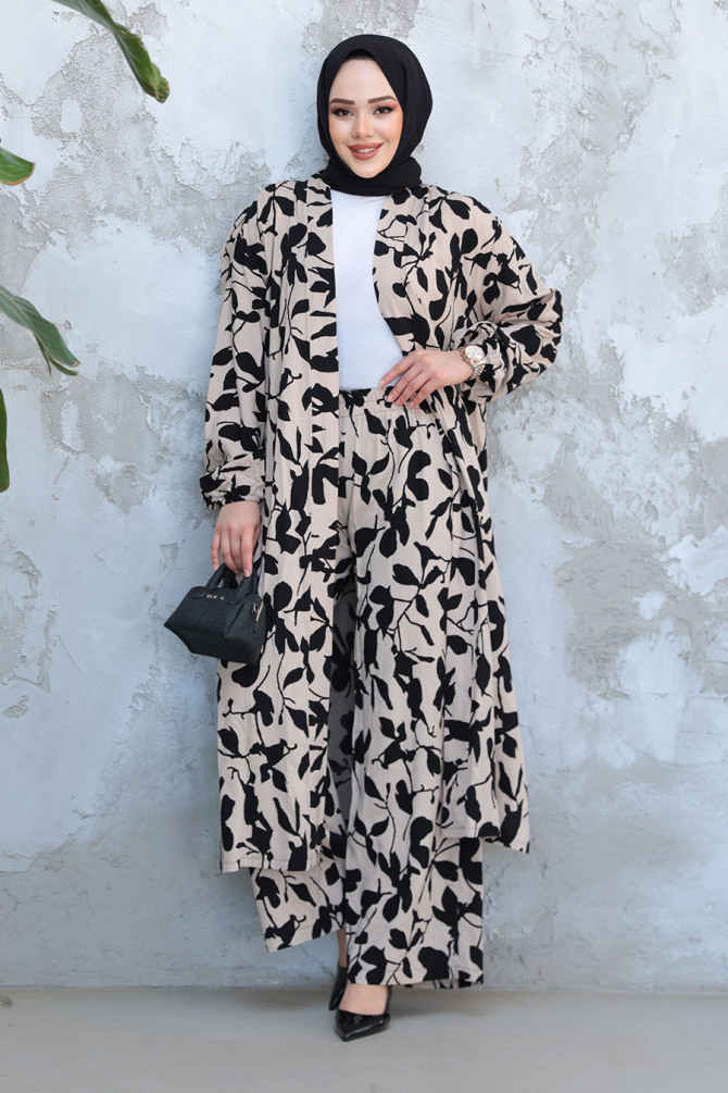 Desenli Vizon Tesettür İkili Kimono Takım 12883V - 3