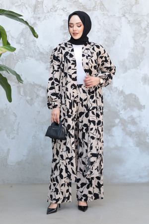 Desenli Vizon Tesettür İkili Kimono Takım 12883V - 2