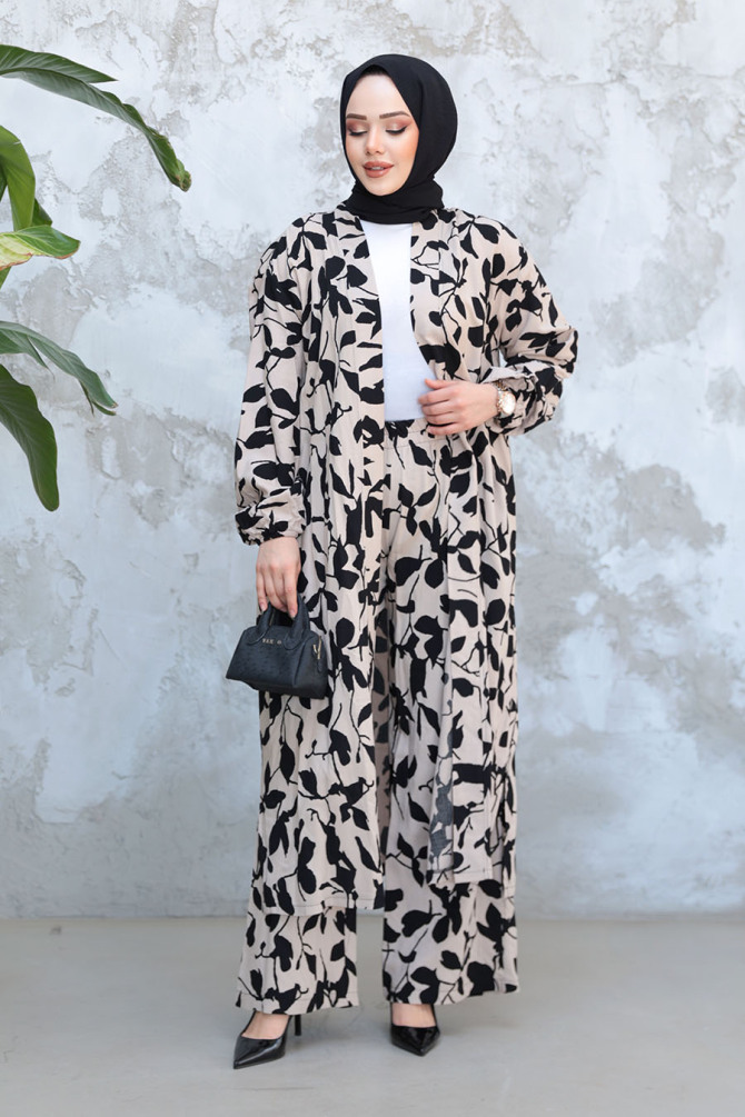 Desenli Vizon Tesettür İkili Kimono Takım 12883V - 2