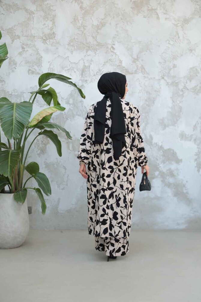 Desenli Vizon Tesettür İkili Kimono Takım 12883V - 4
