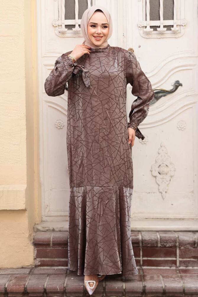 Desenli Vizon Tesettür Saten Elbise 4457V - 2