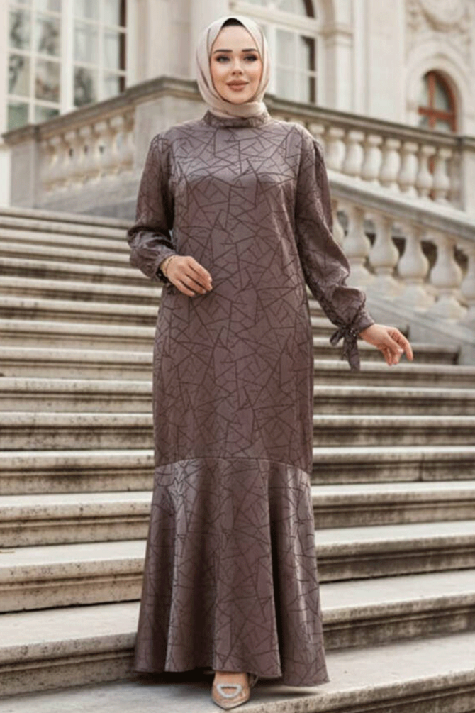 Desenli Vizon Tesettür Saten Elbise 4457V - 1