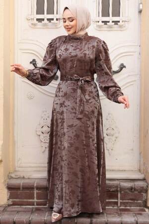 Desenli Vizon Tesettür Saten Elbise 52921V 