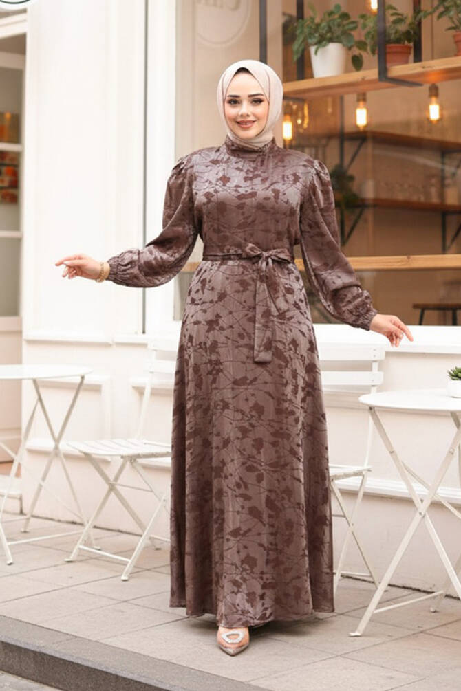 Desenli Vizon Tesettür Saten Elbise 52921V - 1